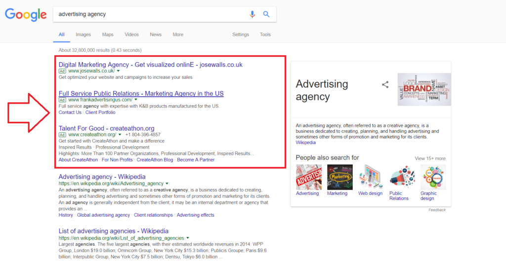 a Google search result with small Ad labels next to links