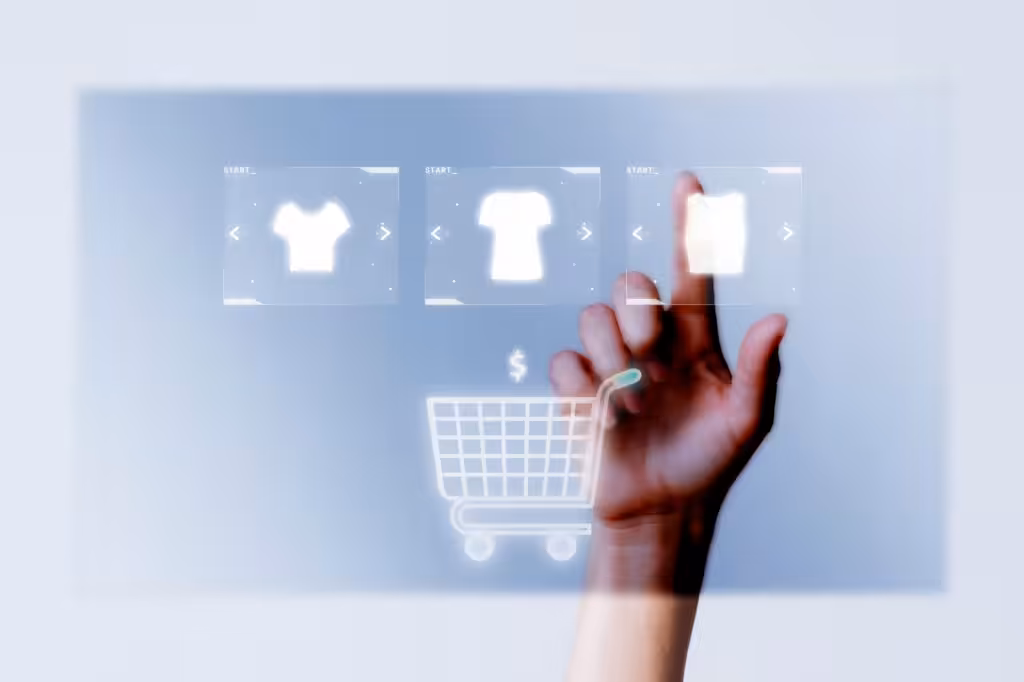 Person adding clothes to cart closeup for online shopping campai