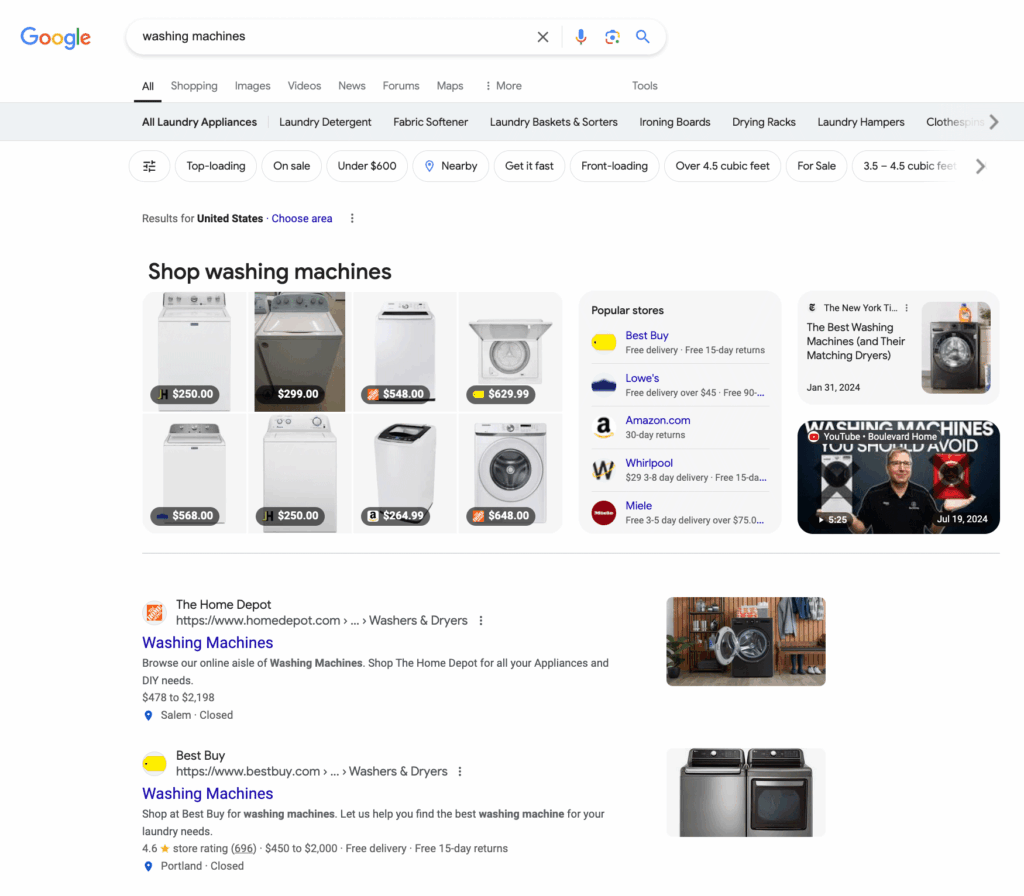 Google search results displaying ecommerce sites