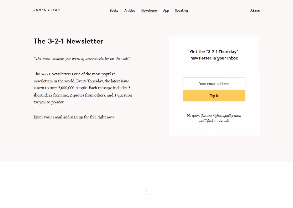 17 Newsletter landing page examples for higher signups 12 james-clear-3-2-1-newsletter-landing-page