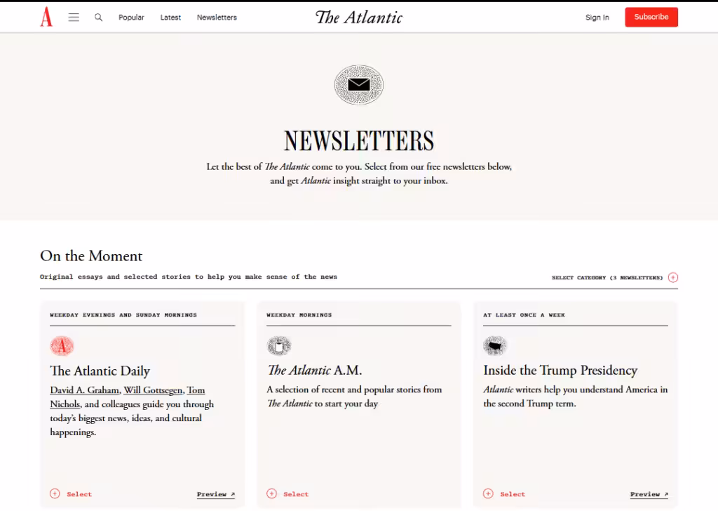 17 Newsletter landing page examples for higher signups 4 the-atlantic-newsletters-landing-page
