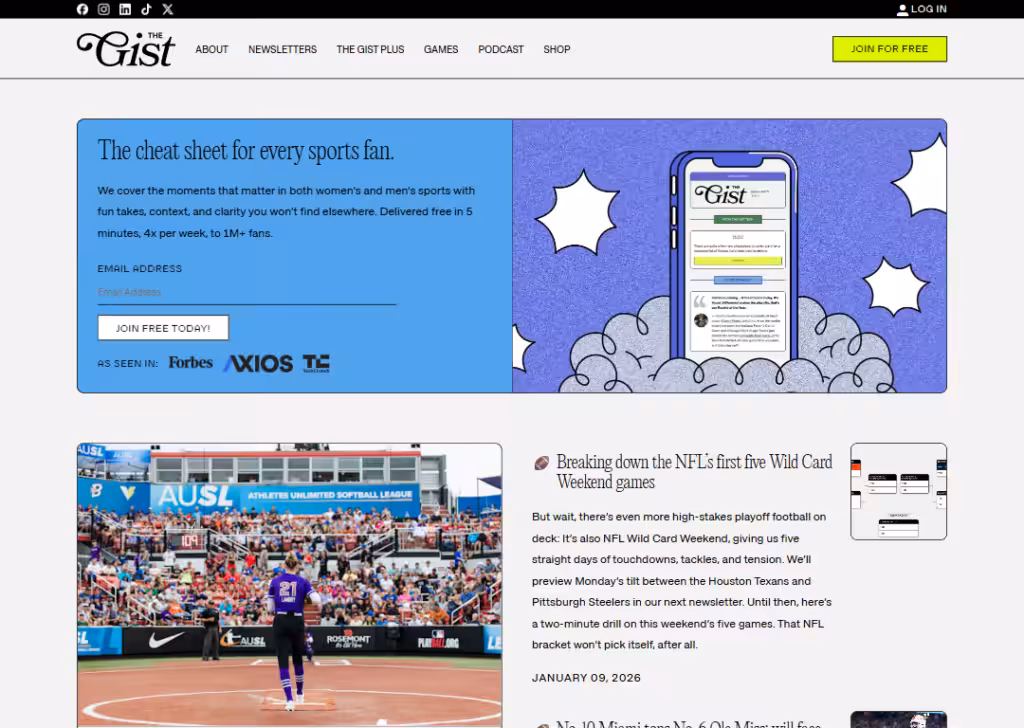 17 Newsletter landing page examples for higher signups 10 the-gist-sports-newsletter-landing-page