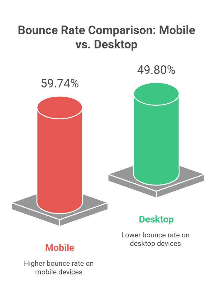 Mobile usage records a higher bounce rate at 59.74% compared to 49.80% on desktop