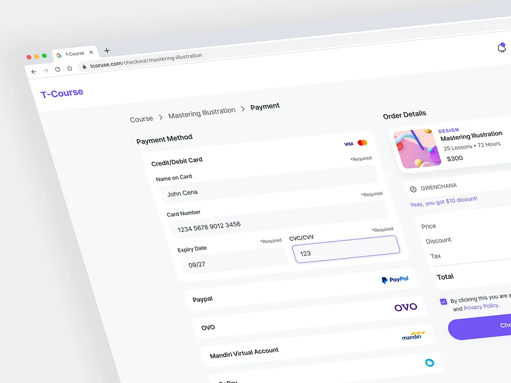 Online Course Dashboard Checkout Page