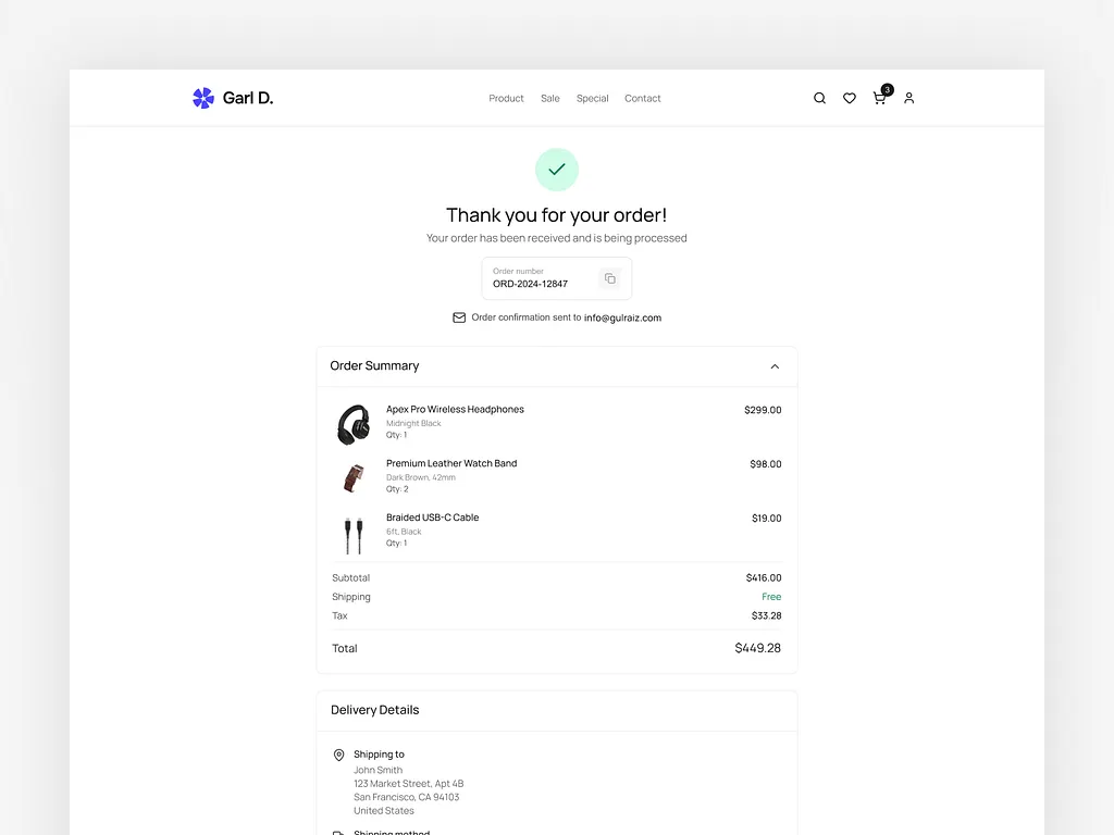 Order Confirmation & Success Screen for E-commerce Checkout