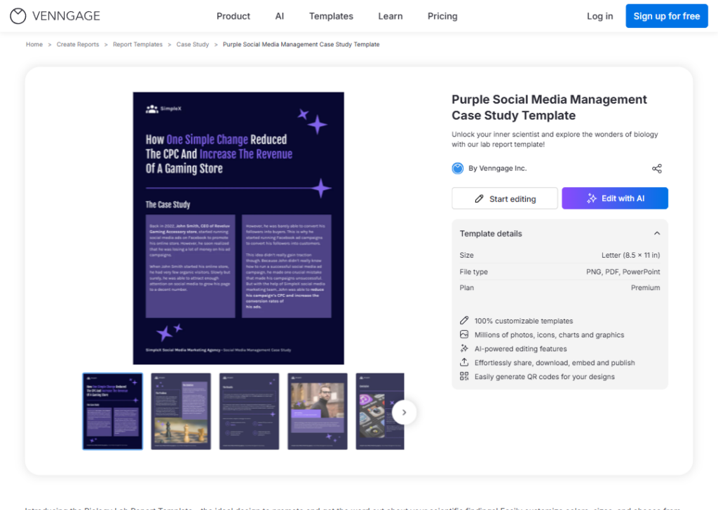 Social media management case study template (Venngage)